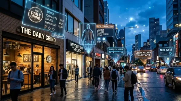 Augmented reality 3D holographic advertisements floating above a modern physical city street.