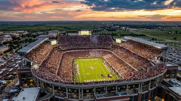 A massive college football stadium at sunset representing the Big 12 cultural rivalry.