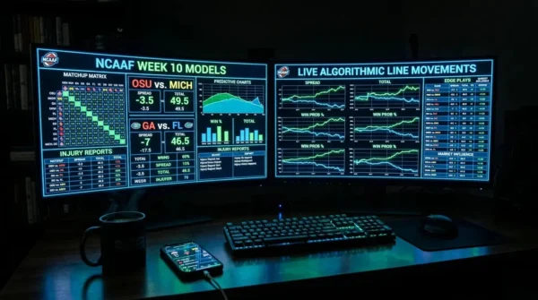 A computer screen displaying complex sports betting algorithms and college football power indexes.