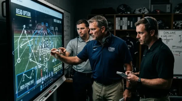 College football coaches analyzing tactical blueprints and game film in a high-tech film room.