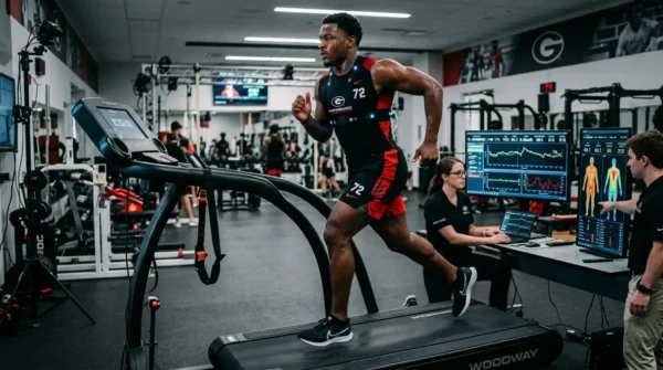 A college athlete undergoing biometric tracking and sports science conditioning in a high-tech performance center.