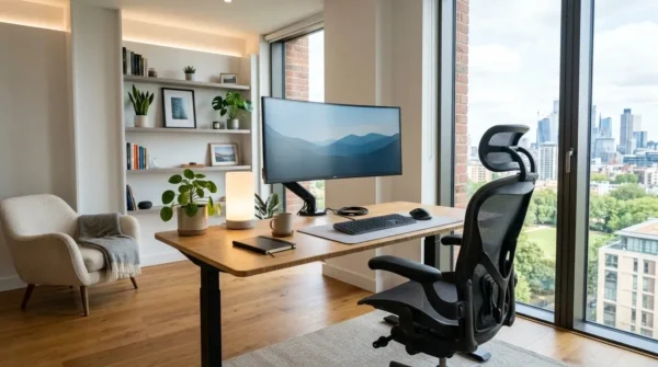 A perfectly designed ergonomic home office featuring an adjustable standing desk and proper lighting.