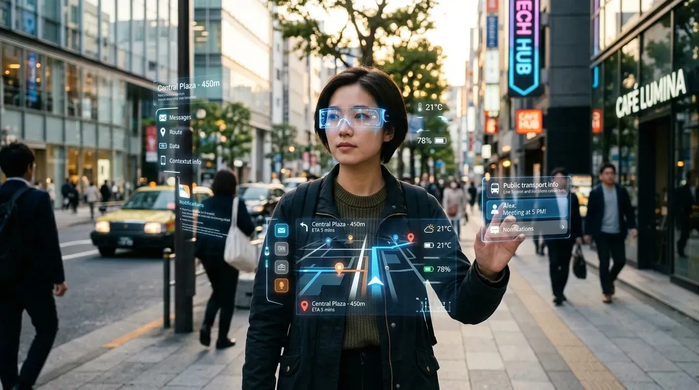 A futuristic scene showing a person using sleek augmented reality glasses with floating digital holograms.