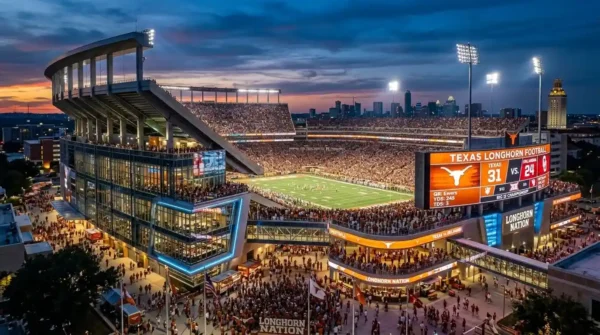 An architectural rendering of a futuristic college football stadium expansion representing the next decade of the Big 12.