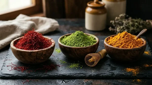 Premium high-value export commodities including saffron and matcha tea in wooden bowls.