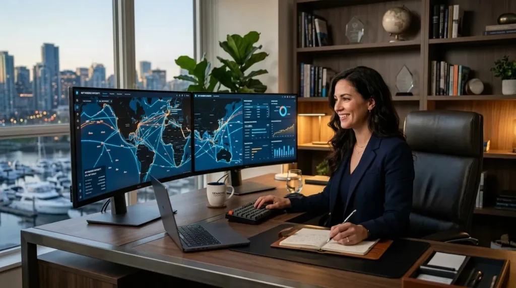 An entrepreneur managing a global import-export business and tracking shipping routes from a modern home office.