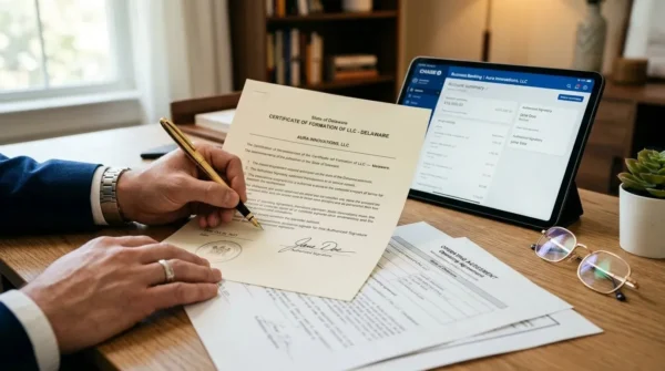 An entrepreneur reviewing LLC business registration and corporate banking documents at home.