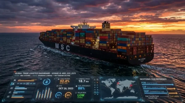 An ocean cargo ship overlaid with digital logistics data representing international trade and shipping.