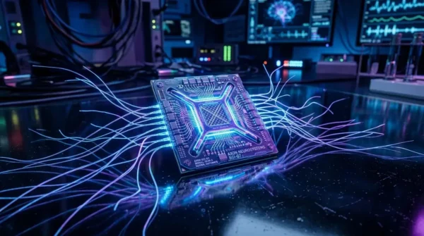 A futuristic macro shot of a glowing neural bio-chip representing brain-computer interface technology.