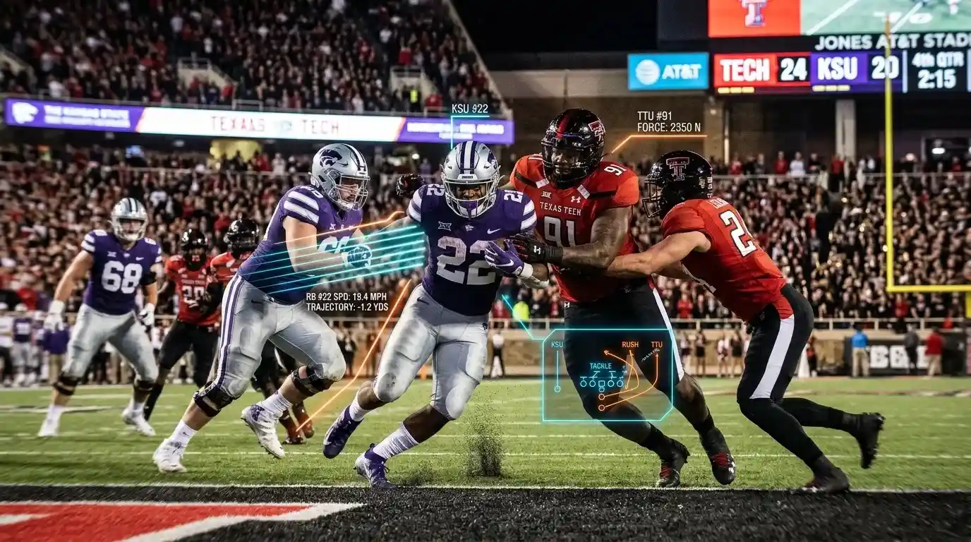 College football action between Texas Tech and Kansas State with digital analytics overlay.